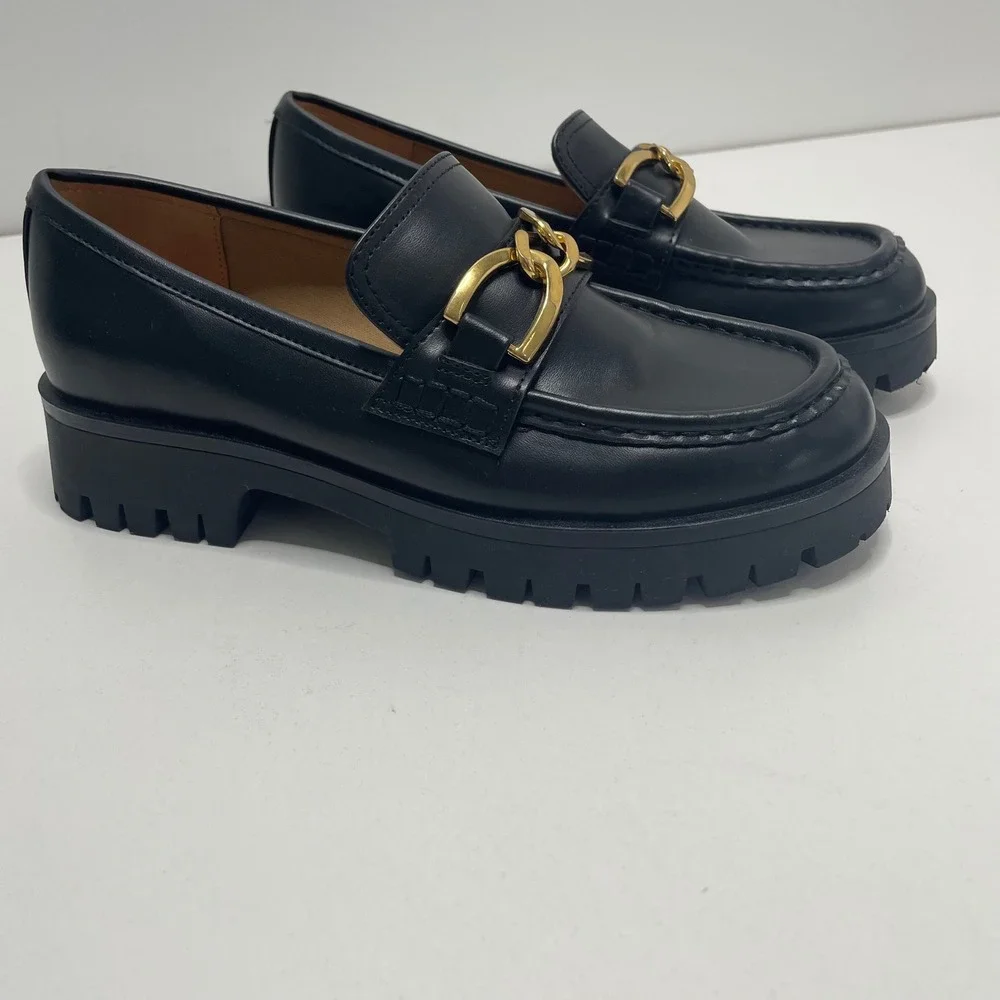 Nine West Black Chunky Platform Lug Sole Loafer Gold Chain Dark Academia Prep 8M
